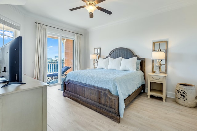 bedroom with ornamental molding, access to exterior, ceiling fan, and light hardwood / wood-style floors