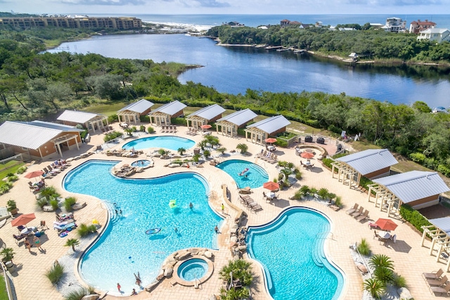 aerial view featuring a water view