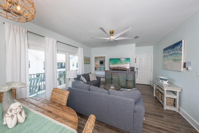 3986 W County Highway 30a Unit 231, Santa Rosa Beach, FL 32459 - living area featuring ceiling fan, baseboards, visible vents, and dark wood finished floors