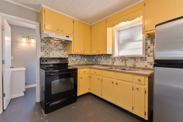 kitchen with black range with electric cooktop, under cabinet range hood, a sink, backsplash, and freestanding refrigerator