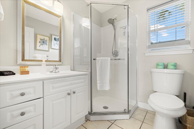 bathroom featuring vanity, tile patterned floors, toilet, and walk in shower