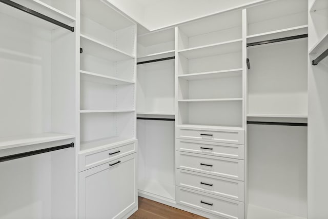 walk in closet with dark wood-type flooring