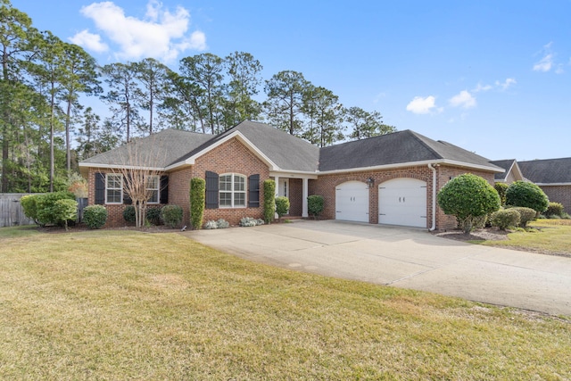 ranch-style home featuring a garage and a front lawn