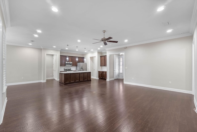 unfurnished living room featuring ceiling fan, ornamental molding, and dark hardwood / wood-style flooring