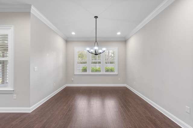 unfurnished dining area with a notable chandelier, crown molding, and dark wood-type flooring