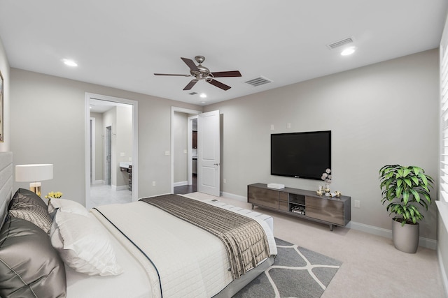 carpeted bedroom with ceiling fan