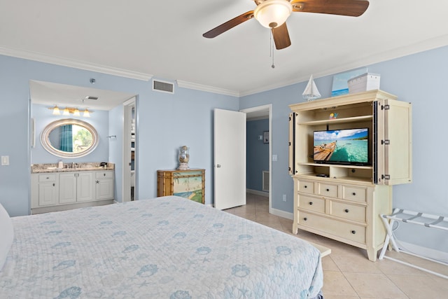 bedroom with light tile patterned floors, ensuite bath, ornamental molding, and ceiling fan