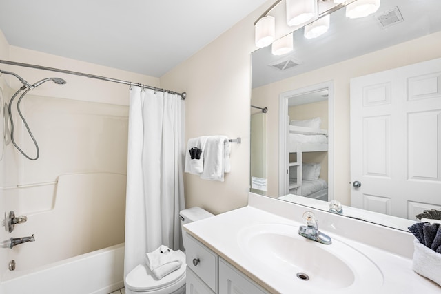 full bathroom with toilet, vanity, and shower / bathtub combination with curtain