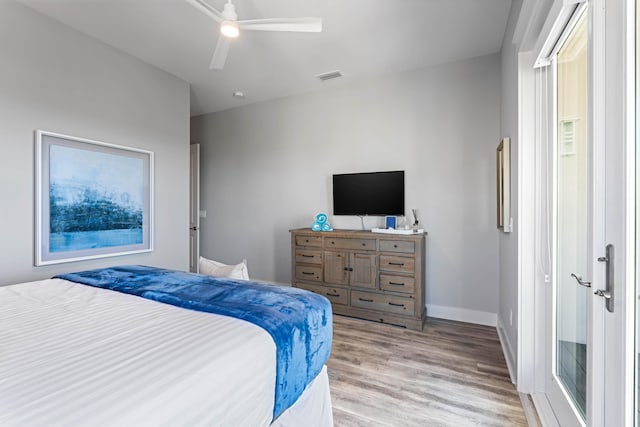 bedroom featuring ceiling fan and light hardwood / wood-style floors