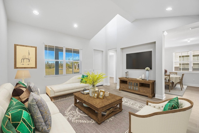 living room with lofted ceiling and hardwood / wood-style floors