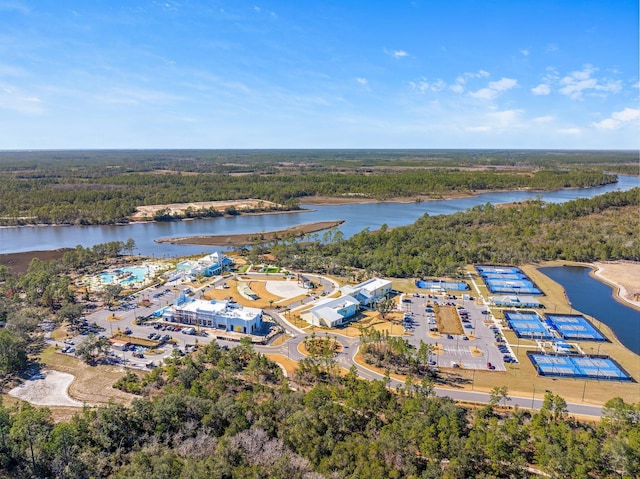 aerial view featuring a water view