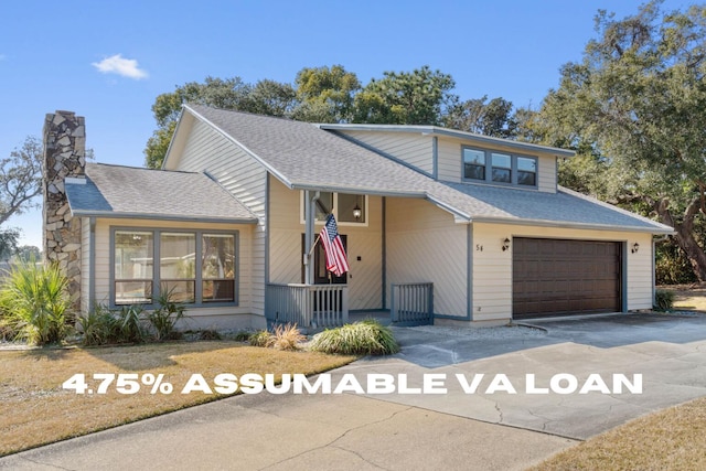 tri-level home with driveway, a shingled roof, a chimney, an attached garage, and a porch