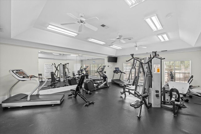 gym featuring a raised ceiling