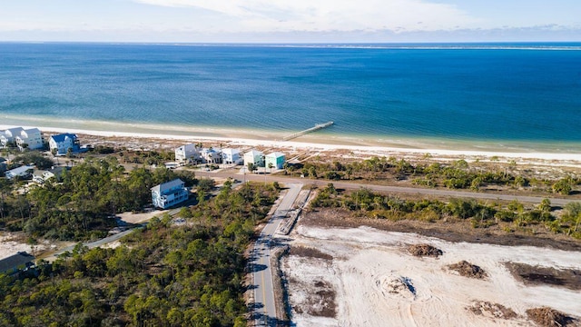 aerial view featuring a water view and a beach view