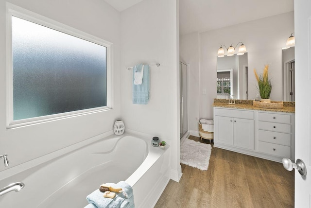 bathroom featuring wood-type flooring, separate shower and tub, and vanity