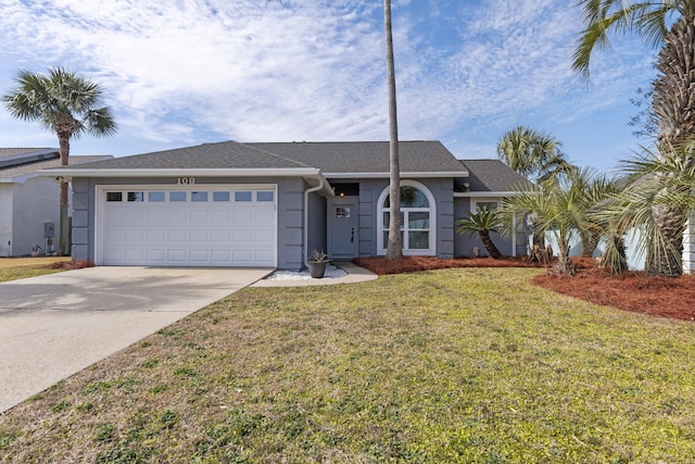 single story home with a garage and a front lawn