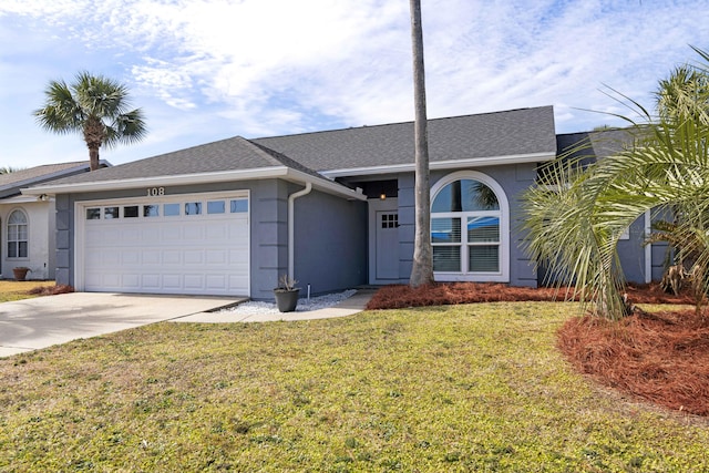 ranch-style house with a garage and a front yard