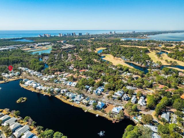 drone / aerial view featuring a water view