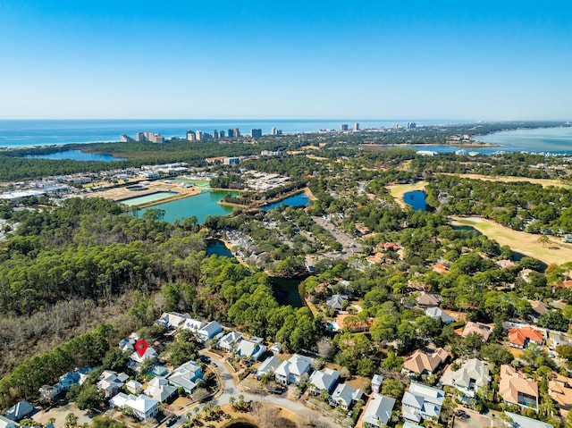 drone / aerial view with a water view