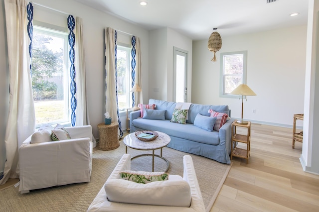 living room with a healthy amount of sunlight and light hardwood / wood-style floors