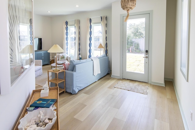 doorway with a healthy amount of sunlight and light hardwood / wood-style flooring