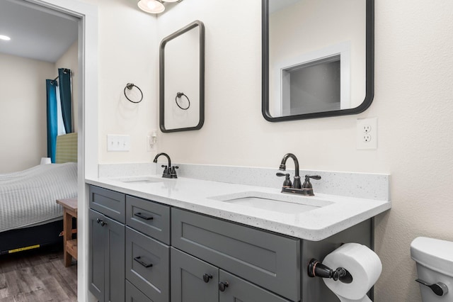 bathroom with vanity, toilet, and hardwood / wood-style floors