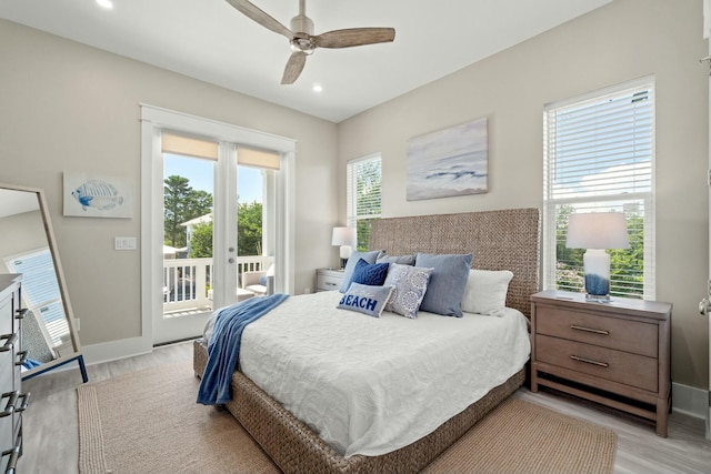 bedroom with access to outside, french doors, ceiling fan, and light wood-type flooring