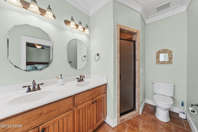 bathroom with walk in shower, vanity, crown molding, and toilet