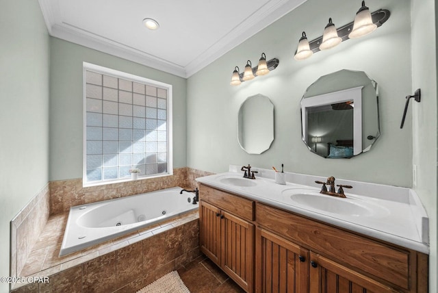 bathroom featuring a relaxing tiled tub, vanity, and ornamental molding