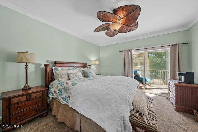 bedroom featuring crown molding, carpet floors, access to outside, and ceiling fan