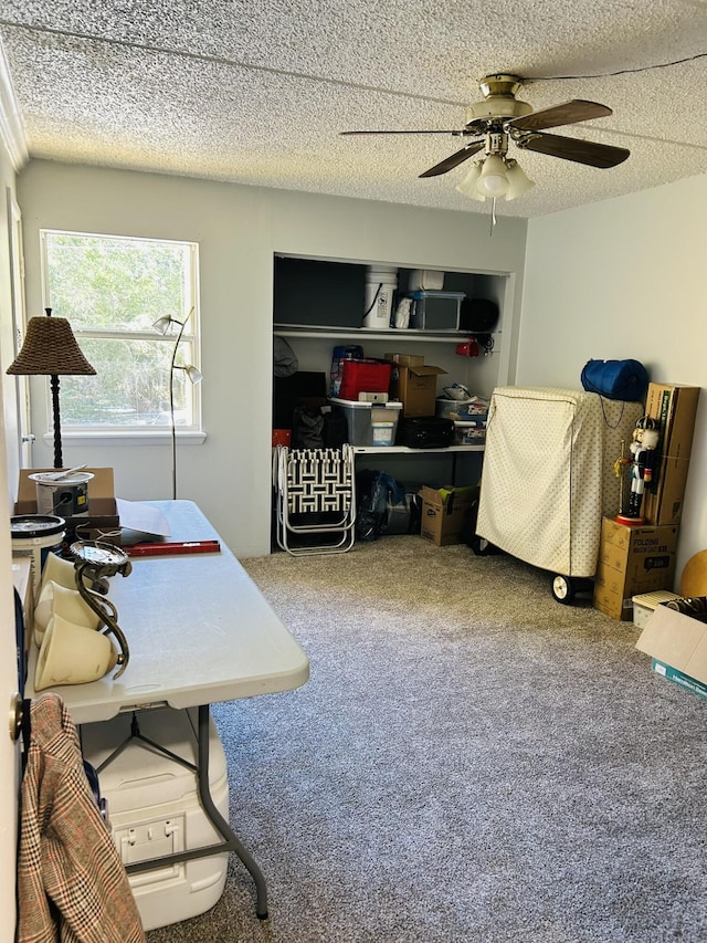 carpeted office with ceiling fan and a textured ceiling