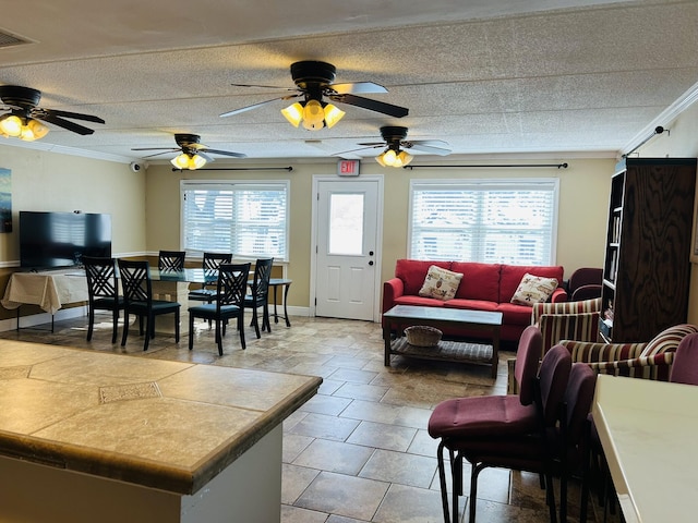 living room with crown molding and a wealth of natural light