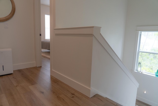 stairway featuring a healthy amount of sunlight and hardwood / wood-style floors