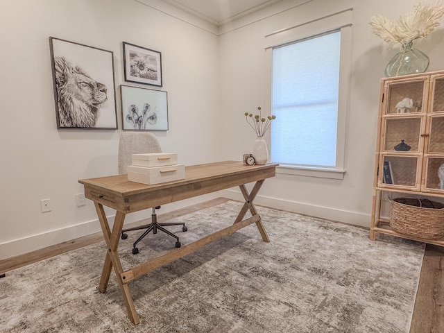 office area featuring ornamental molding and wood-type flooring