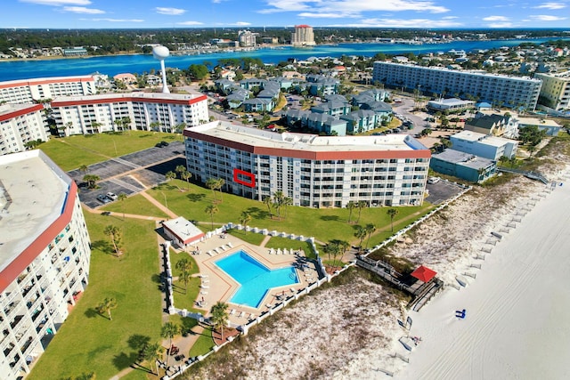 bird's eye view with a water view