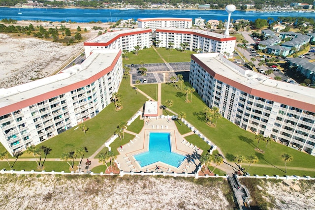 aerial view featuring a water view