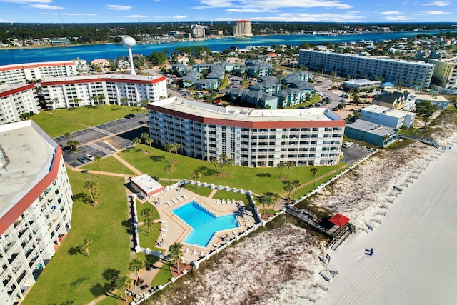 aerial view featuring a water view