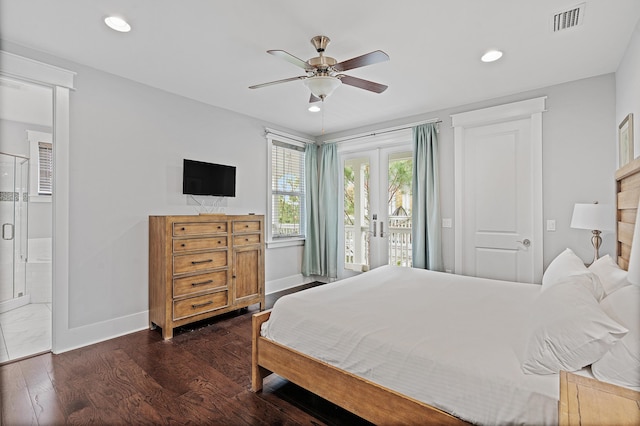 bedroom featuring connected bathroom, access to exterior, dark wood-type flooring, and ceiling fan