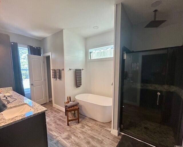 bathroom with vanity, separate shower and tub, and hardwood / wood-style floors