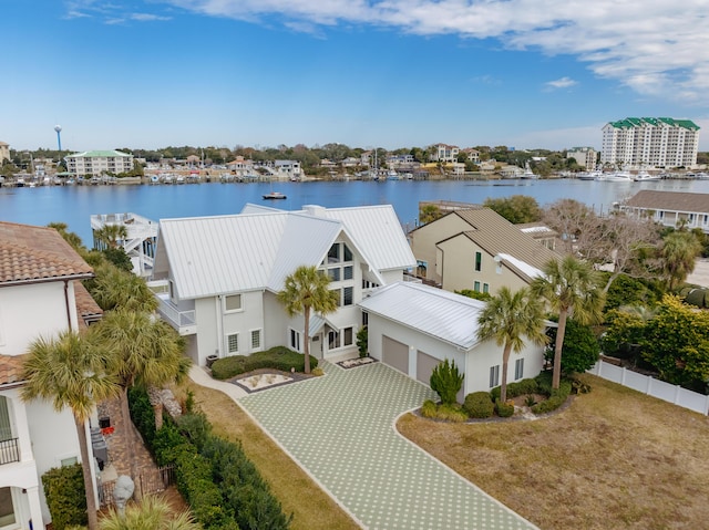 aerial view featuring a water view