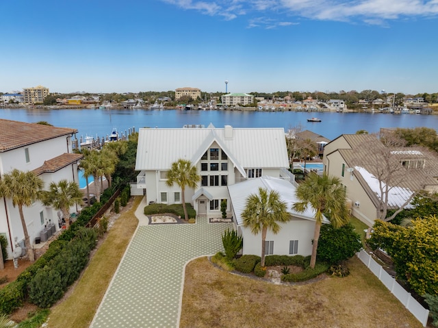 drone / aerial view with a water view