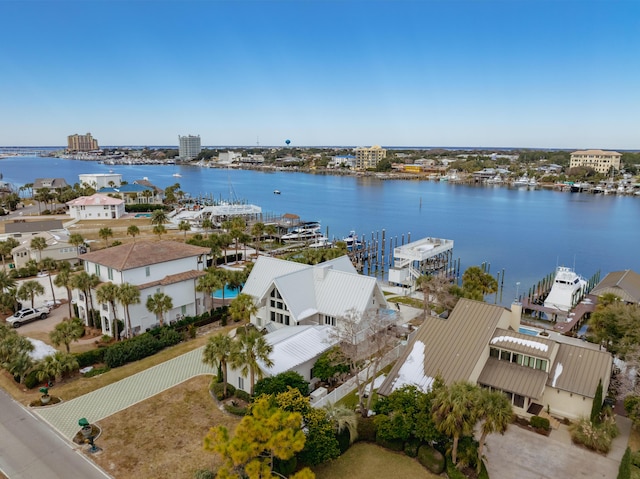 drone / aerial view featuring a water view