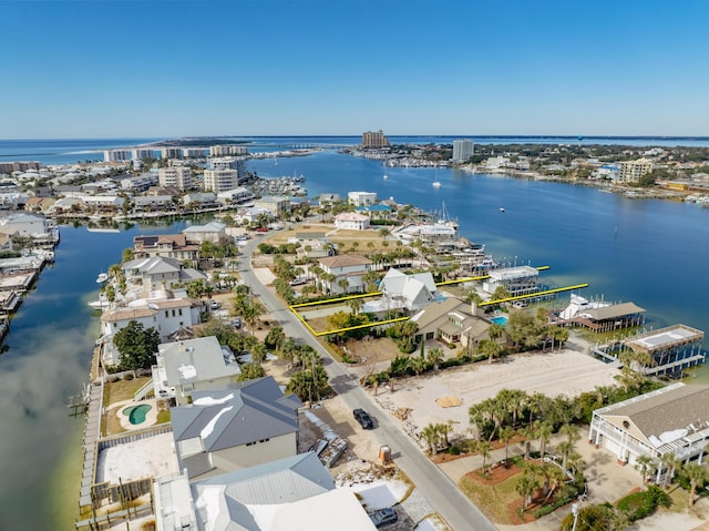 drone / aerial view with a water view