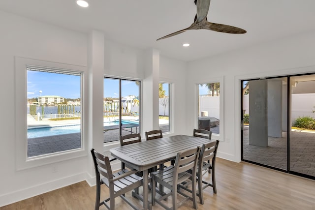 dining space featuring ceiling fan and light wood-type flooring