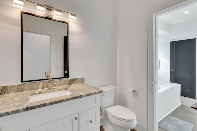 bathroom with vanity, wood-type flooring, and toilet