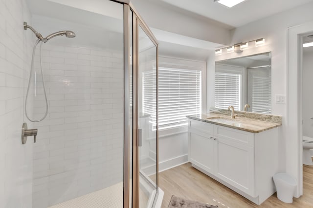 bathroom featuring a shower with door, wood-type flooring, vanity, and toilet