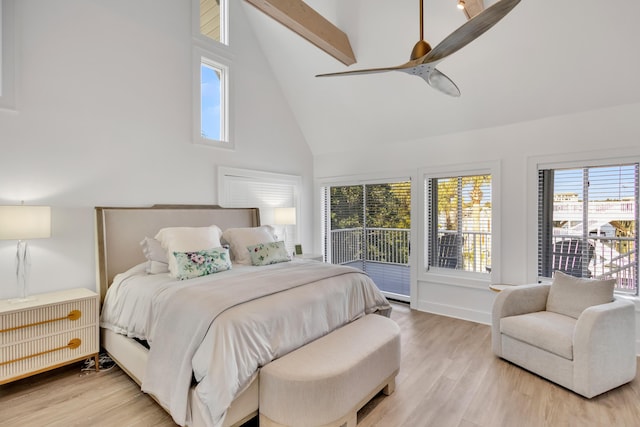 bedroom with high vaulted ceiling, light hardwood / wood-style flooring, access to outside, ceiling fan, and beam ceiling