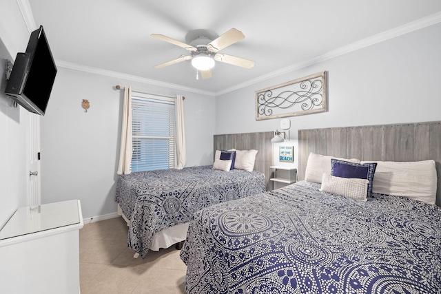 bedroom with crown molding, light tile patterned floors, and ceiling fan