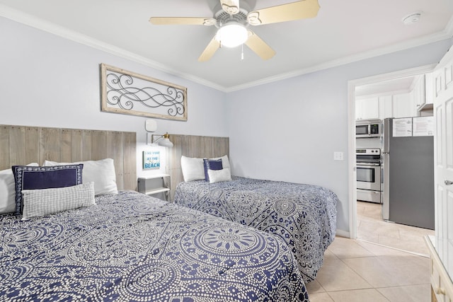 bedroom featuring light tile patterned floors, crown molding, stainless steel refrigerator, and ceiling fan