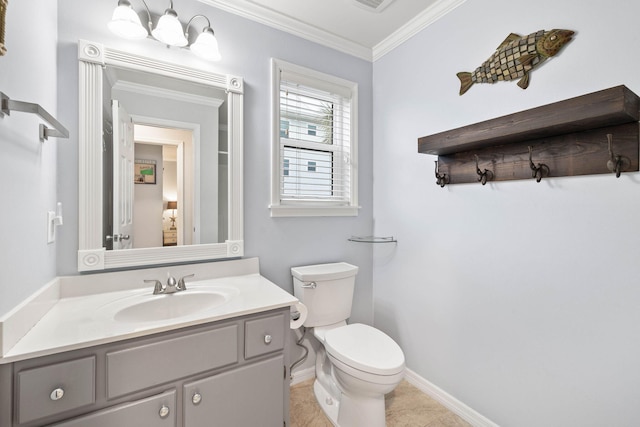 bathroom with toilet, crown molding, vanity, a notable chandelier, and tile patterned flooring